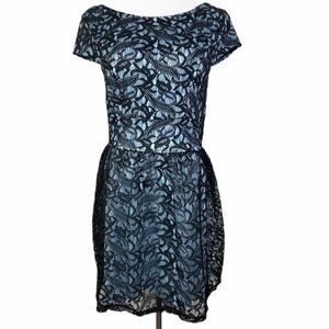 Three Pink Hearts Lace Fit & Flare Dress Women's Junior 9 Black Baby Blue Lining